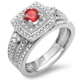 0.75 Carat (ctw) 18k White Gold Round Ruby And White Diamond Ladies Bridal Engagement Ring Set with Matching Band 3/4 CT