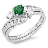 0.90 Carat (ctw) 10k White Gold Round Green Emerald And White Diamond Ladies Swirl Bridal Engagement Ring Matching Band Set