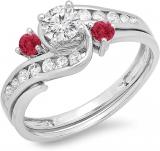 0.90 Carat (ctw) 18k Rose Gold Round Garnet And White Diamond Ladies Swirl Bridal Engagement Ring Matching Band Set