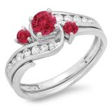 0.90 Carat (ctw) 10k White Gold Round Ruby And White Diamond Ladies Swirl Bridal Engagement Ring Matching Band Set