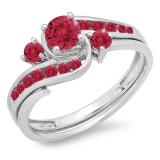 0.90 Carat (ctw) 10k White Gold Round Red Ruby Ladies Swirl Bridal Engagement Ring Matching Band Set