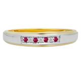 0.12 Carat (ctw) 18K Yellow Gold Plated Sterling Silver Round White Diamond And Ruby Men's Seven Stone Wedding Band