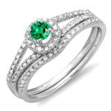 0.45 Carat (ctw) 14k White Gold Round Green Emerald And White Diamond Ladies Bridal Halo Style Engagement Ring With Wedding Band Set 1/2 CT