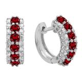 Round Garnet & White Diamond Ladies Huggies Hoop Earrings 14K White Gold