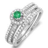 0.75 Carat (ctw) 18k White Gold Round Green Emerald & White Diamond Ladies Halo Bridal Engagement Ring Matching Band Set 3/4 CT
