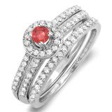 0.75 Carat (ctw) 18k White Gold Round Ruby & White Diamond Ladies Halo Bridal Engagement Ring Matching Band Set 3/4 CT