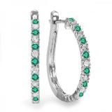0.50 Carat (ctw) 14k White Gold Round Green Emerald And White Diamond Ladies Hoop Earrings 1/2 CT