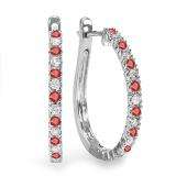 0.50 Carat (ctw) 10k White Gold Round Ruby And White Diamond Ladies Hoop Earrings 1/2 CT