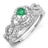 0.60 Carat (ctw) 14k White Gold Round Green Emerald & White Diamond Ladies Halo Style Bridal Engagement Ring Matching Band Set