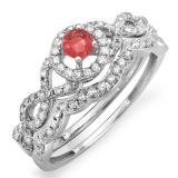 0.60 Carat (ctw) 18k White Gold Round Ruby & White Diamond Ladies Halo Style Bridal Engagement Ring Matching Band Set