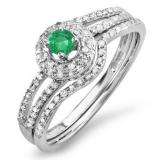 0.50 Carat (ctw) 18k White Gold Round White Diamond & Green Emerald Ladies Halo Style Bridal Engagement Ring Set Matching Band 1/2 CT