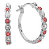 0.25 Carat (ctw) 10K White Gold Round White Diamond & Ruby Ladies Fine Dainty Hoop Earrings 1/4 CT