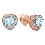 5 mm Heart Aquamarine & Round White Diamond Ladies Halo Stud Earrings  10K Rose Gold