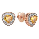 5 mm Heart Citrine & Round White Diamond Ladies Halo Stud Earrings  10K Rose Gold