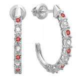 0.25 Carat (ctw) Sterling Silver Round Ruby & White Diamond Ladies Hoop Earrings 1/4 CT