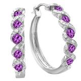Round Amethyst & White Diamond Swirl Style Criss Cross Hoop Earrings for Women in 925 Sterling Silver