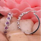 Round Amethyst & White Diamond Swirl Style Criss Cross Hoop Earrings for Women in 925 Sterling Silver