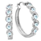Round Aquamarine & White Diamond Swirl Style Criss Cross Hoop Earrings for Women in 925 Sterling Silver