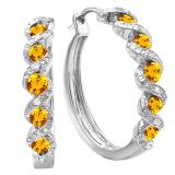 Round Citrine & White Diamond Swirl Style Criss Cross Hoop Earrings for Women in 925 Sterling Silver