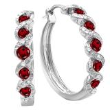 0.86 Carat (ctw) Round Garnet & White Diamond Hoop Earrings | Sterling Silver