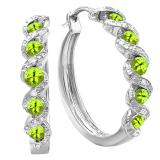 Round Peridot & White Diamond Swirl Style Criss Cross Hoop Earrings for Women in 925 Sterling Silver