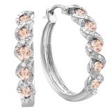 Round Morganite & White Diamond Swirl Style Criss Cross Hoop Earrings for Women in 925 Sterling Silver