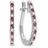 0.25 Carat (ctw) 10K White Gold Round Ruby & White Diamond Ladies Hoop Earrings 1/4 CT