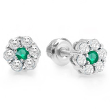 0.40 Carat (ctw) 14K White Gold Round Cut White Diamond & Green Emerald Ladies Cluster Flower Stud Earrings