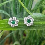 0.40 Carat (ctw) 14K White Gold Round Cut White Diamond & Green Emerald Ladies Cluster Flower Stud Earrings