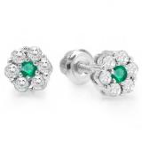 0.40 Carat (ctw) 10K White Gold Round Cut White Diamond & Green Emerald Ladies Cluster Flower Stud Earrings
