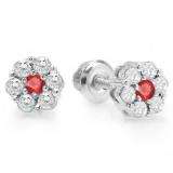 0.40 Carat (ctw) 14K White Gold Round Cut White Diamond & Ruby Ladies Cluster Flower Stud Earrings