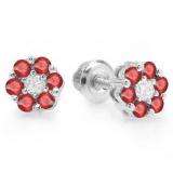 0.40 Carat (ctw) 14K White Gold Round Cut White Diamond & Ruby Ladies Cluster Flower Stud Earrings