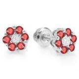 0.40 Carat (ctw) 10K White Gold Round Cut White Diamond & Ruby Ladies Cluster Flower Stud Earrings