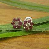 0.40 Carat (ctw) 10K White Gold Round Cut White Diamond & Ruby Ladies Cluster Flower Stud Earrings