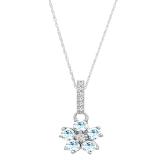 Round Aquamarine & Diamond Ladies Cluster Flower Pendant (Silver Chain Included), 14K White Gold