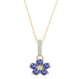 Round Tanzanite & Diamond Ladies Cluster Flower Pendant (Gold Chain Included), 14K Yellow Gold