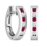 0.36 Carat (ctw) 18k White Gold Round White Diamond & Ruby Ladies Huggie Hoop Earrings 1/3 CT