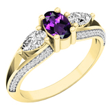 18K Yellow Gold 6X4 MM Oval Amethyst Pear White Sapphire & Round Diamond Ladies 3 Stone Ring