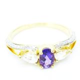 18K Yellow Gold 6X4 MM Oval Amethyst Pear White Sapphire & Round Diamond Ladies 3 Stone Ring