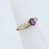 18K Yellow Gold 6X4 MM Oval Amethyst Pear White Sapphire & Round Diamond Ladies 3 Stone Ring