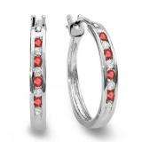 0.20 Carat (ctw) 10K White Gold Round White Diamond & Ruby Ladies Fine Hoop Earrings 1/5 CT
