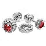 1.10 Carat (ctw) 14k White Gold Round Ruby & White Diamond Ladies Halo Stud Earrings With Removable Jackets 1 1/10 CT