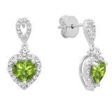 6 mm Each Heart Peridot & Round White Diamond Ladies Drop Dangle Earrings Sterling Silver