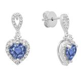 6 mm Each Heart Tanzanite & Round White Diamond Ladies Drop Dangle Earrings Sterling Silver