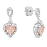 6 mm Each Heart Morganite & Round White Diamond Ladies Drop Dangle Earrings Sterling Silver