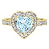8 MM Heart Aquamarine & Round White Diamond Bridal Halo Engagement Band Ring 14K Yellow Gold