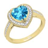 8 MM Heart Blue Topaz & Round White Diamond Bridal Halo Engagement Band Ring 14K Yellow Gold