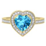 8 MM Heart Blue Topaz & Round White Diamond Bridal Halo Engagement Band Ring 14K Yellow Gold