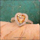 8 MM Heart Citrine & Round White Diamond Bridal Halo Engagement Band Ring 18K Yellow Gold
