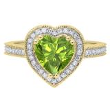 8 MM Heart Peridot & Round White Diamond Bridal Halo Engagement Band Ring 14K Yellow Gold